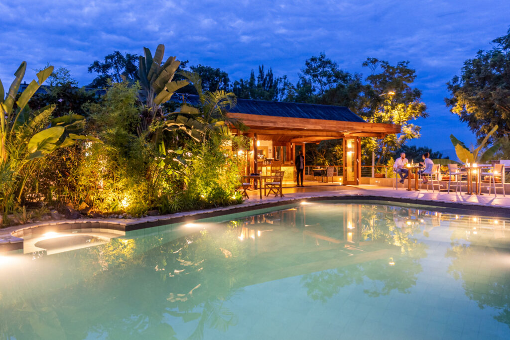 The Retreat Main Salt water pool lighting at night