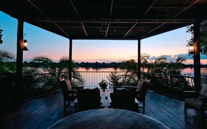 One of three wooden decks overlooking the river
