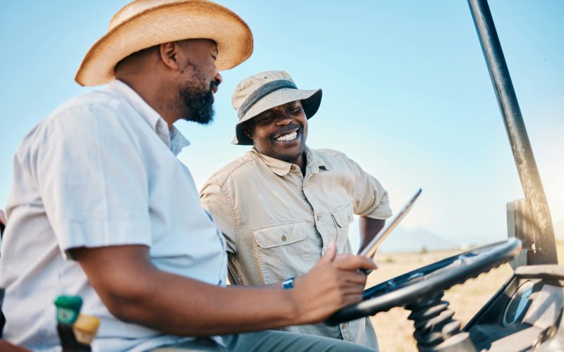Game drive, safari and men with tablet for direction in Kenya desert with car for travel transport.